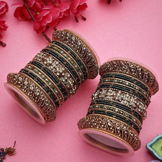Handmade Indian Bangle Set, Silk Thread Stone Bangle Set 42 Psc, Bridal Bangles, Traditional Bangle Set for Women, Indian Wedding Bangles