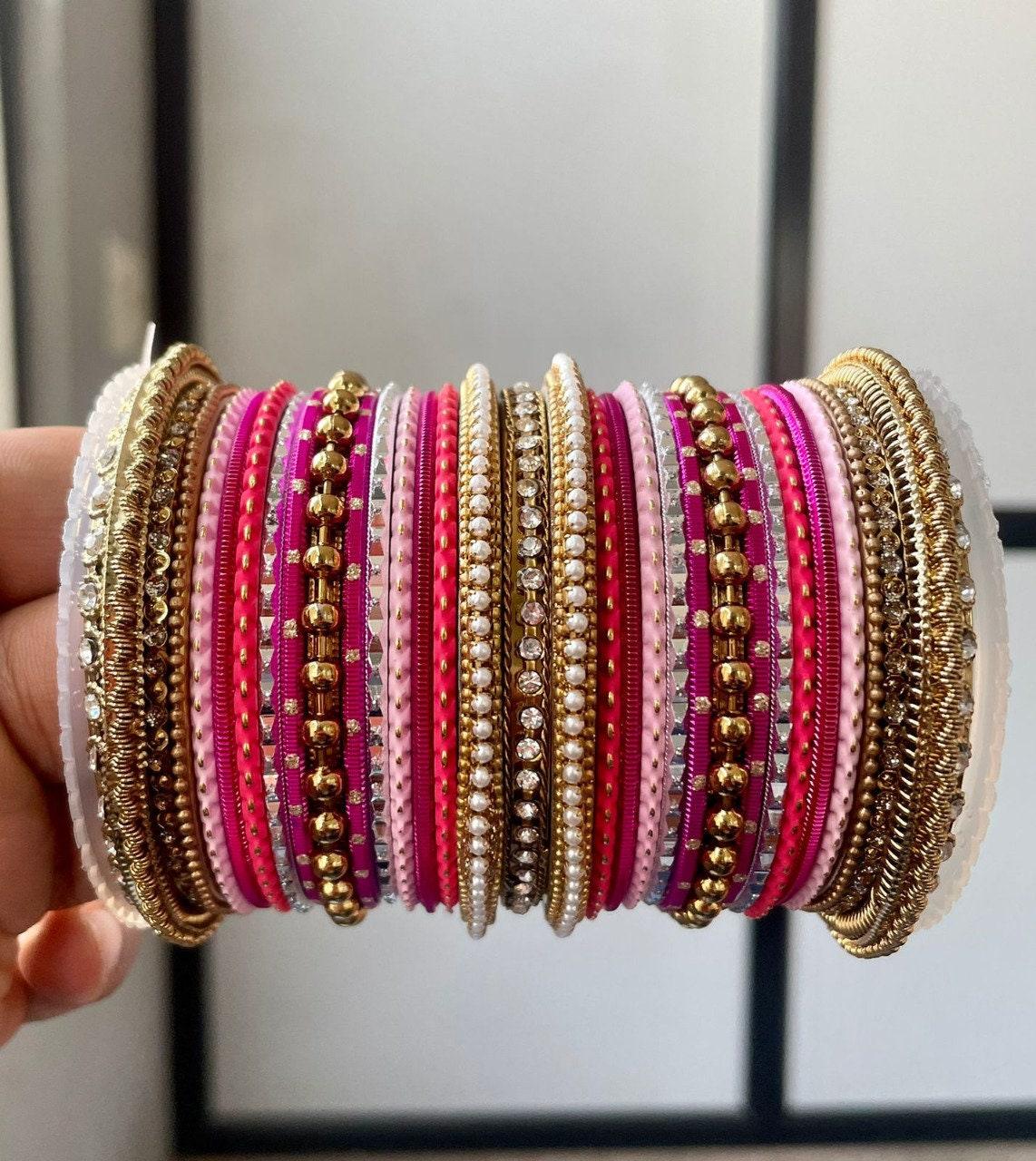 Pink Color and Antique Golden Color Silk Matte Dotted Indian Bridal Wedding Jewelry Traditional Bangle Set