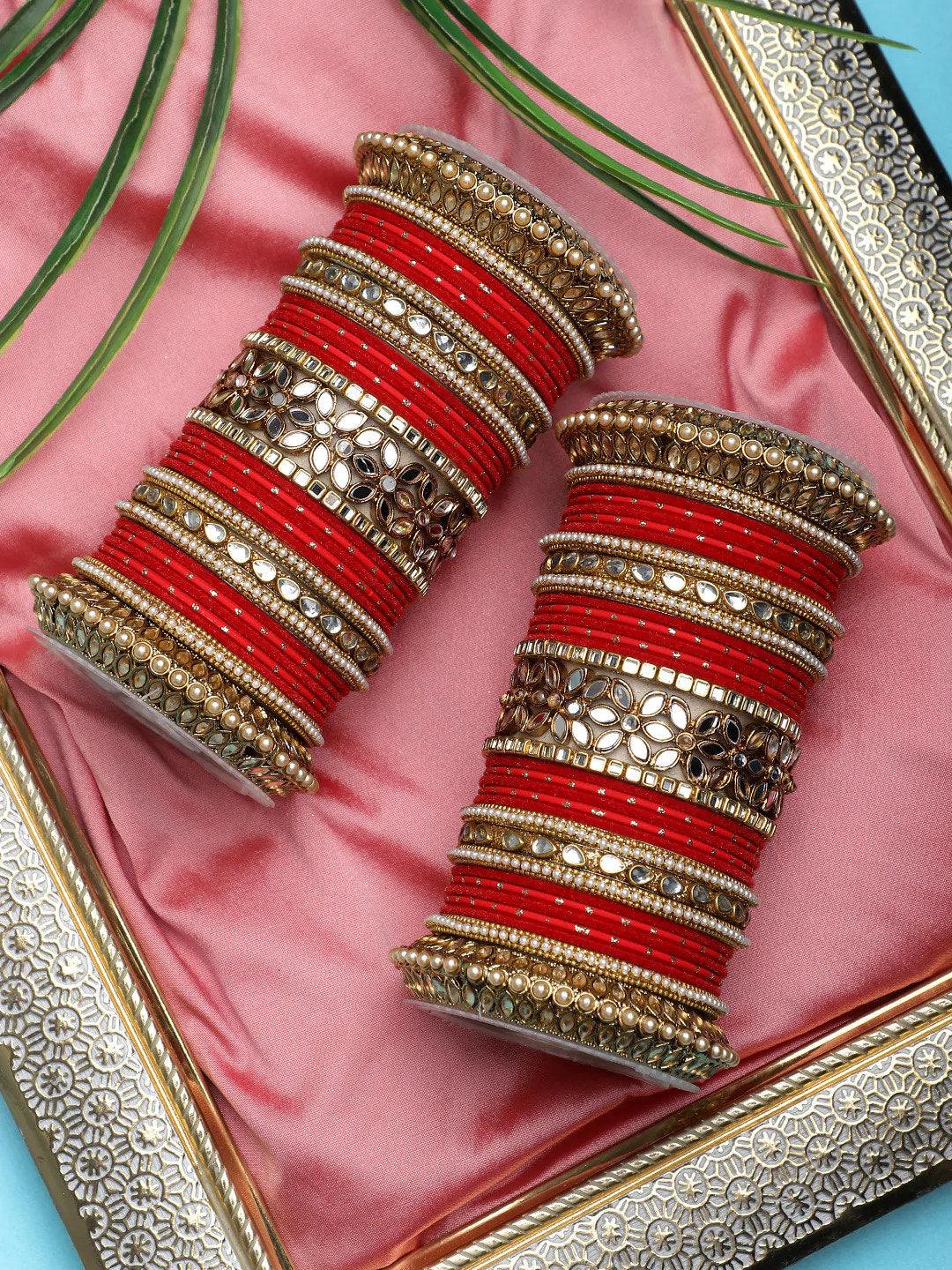 Red Bangle set with flower mirror kada and pacheli Bangles