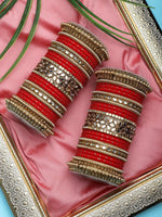 Traditional Punjabi Bridal Red Bangle set with flower mirror kada and pacheli Bangles, Indian Designer Wedding Chura Churi