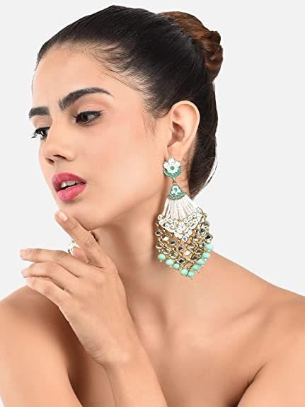 Mint Green clear crystal pair Meenakari Earrings danglers, Pearl Jhumka, Bollywood Earrings, Pakistani Earrings, Punjabi Jewelry/Jhumkas