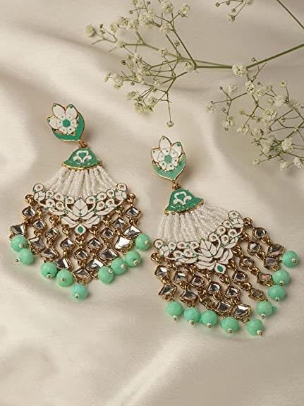 Mint Green clear crystal pair Meenakari Earrings danglers, Pearl Jhumka, Bollywood Earrings, Pakistani Earrings, Punjabi Jewelry/Jhumkas