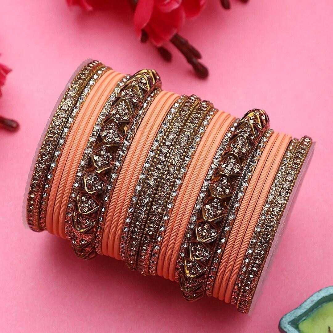 Antique Lac Bracelet with Matte Finish Bangles set, Wedding Bangles, Traditional wedding jewelry, Brass Metal and Stone Bridal Bangles Set