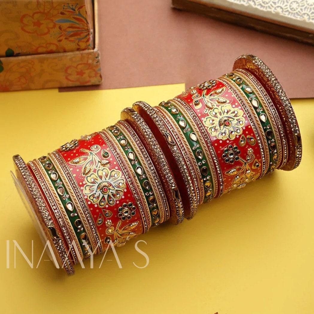 Rajwadi chuda, Bridal chuda, Dulhan Bridal Art Stones Bangles Set, Jaipur Rajasthani Indian chura, Red Green Chura Set Indian for Women
