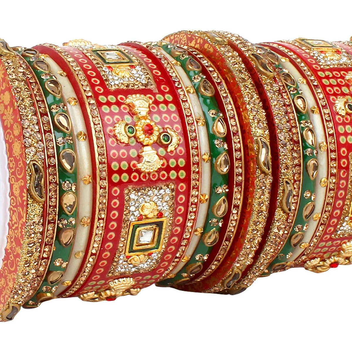 Traditional Rajwadi chuda, Bridal chuda, Rajasthani Dulhan Bridal Stones Bangles Set, Jaipur Rajasthani Indian chura, Red & Green Chura Set