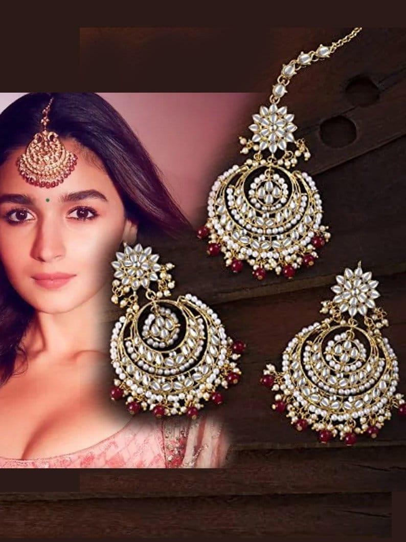 Alia Bhatt Inspired Kundan & Pearl Maang Tikka Earring Set, Indian Pakistani Wedding Bridal Jewelry Jewelry pearl Earrings Kundan earrings