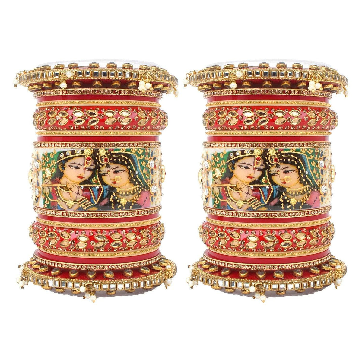 Radha Krishna Rajwadi chuda, Bridal chuda, Dulhan Bridal Art Stones Bangles Set, Jaipur Rajasthani Indian chura, Red Green Chura Set