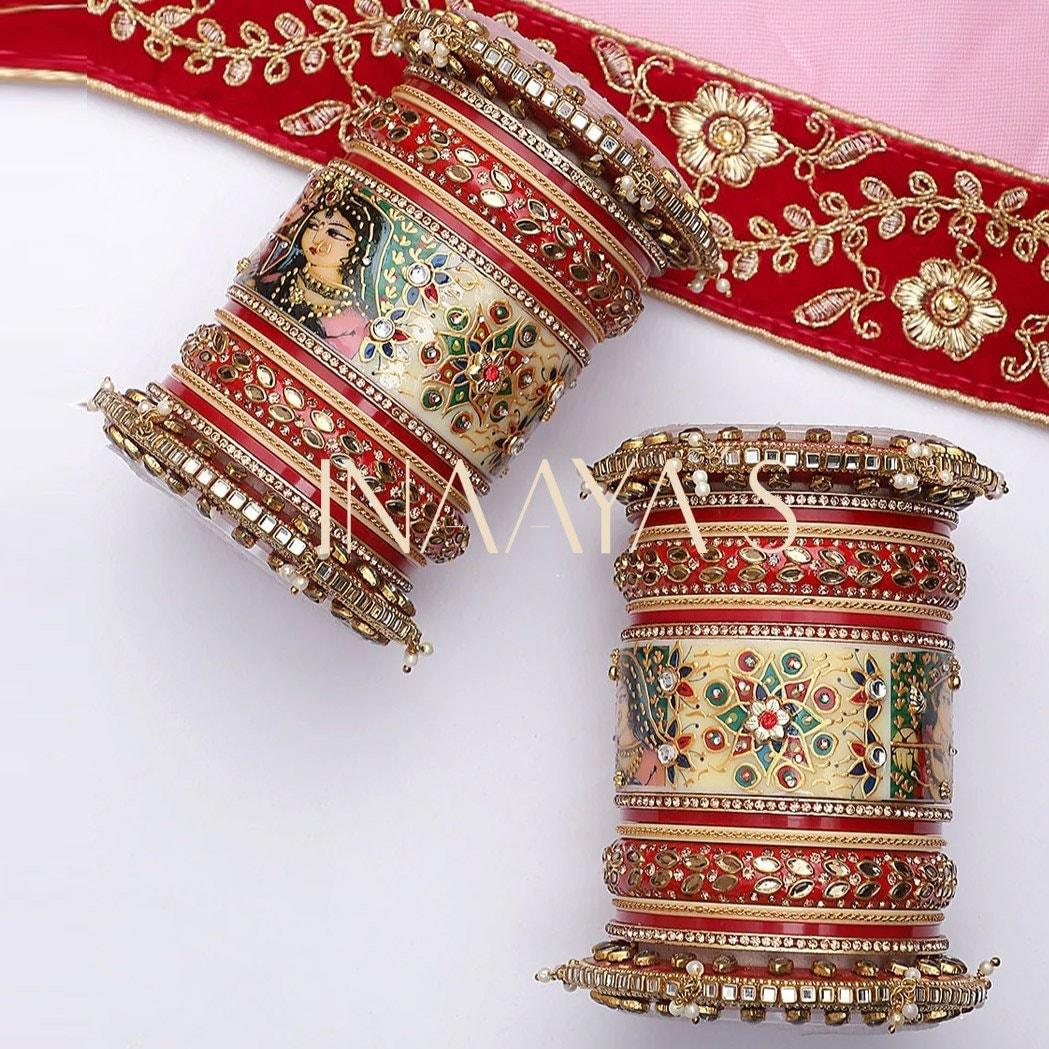 Radha Krishna Rajwadi chuda, Bridal chuda, Dulhan Bridal Art Stones Bangles Set, Jaipur Rajasthani Indian chura, Red Green Chura Set
