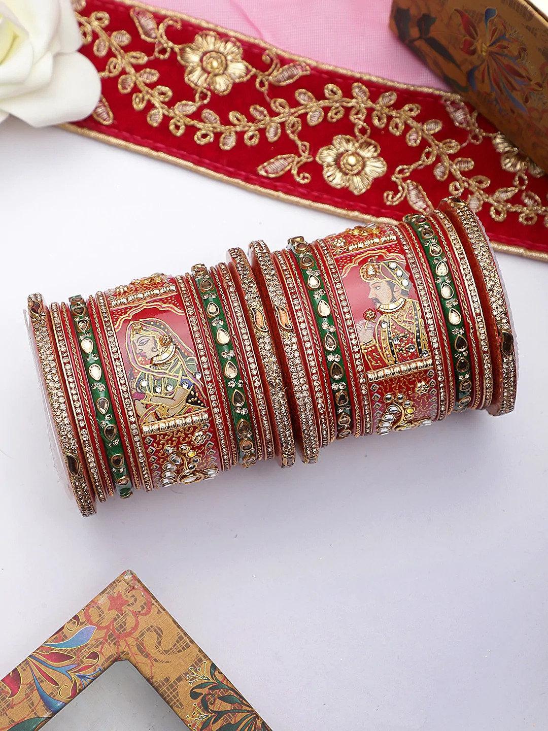 Raja Rani King Queen Rajwadi chuda, Bridal chuda, Dulhan Bridal Art Stones Bangles Set, Jaipur Rajasthani Indian chura, Red Green Chura Set