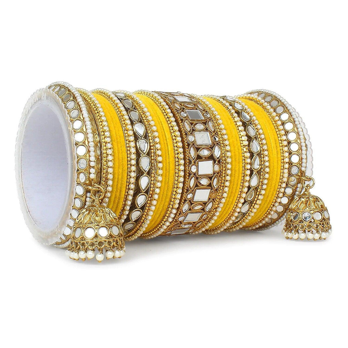 Traditional Mirror Velvet Bangles Set with Jhumki, Wedding Bangles, Traditional wedding jewelry, Brass Metal Mirror Bridal Bangles Set