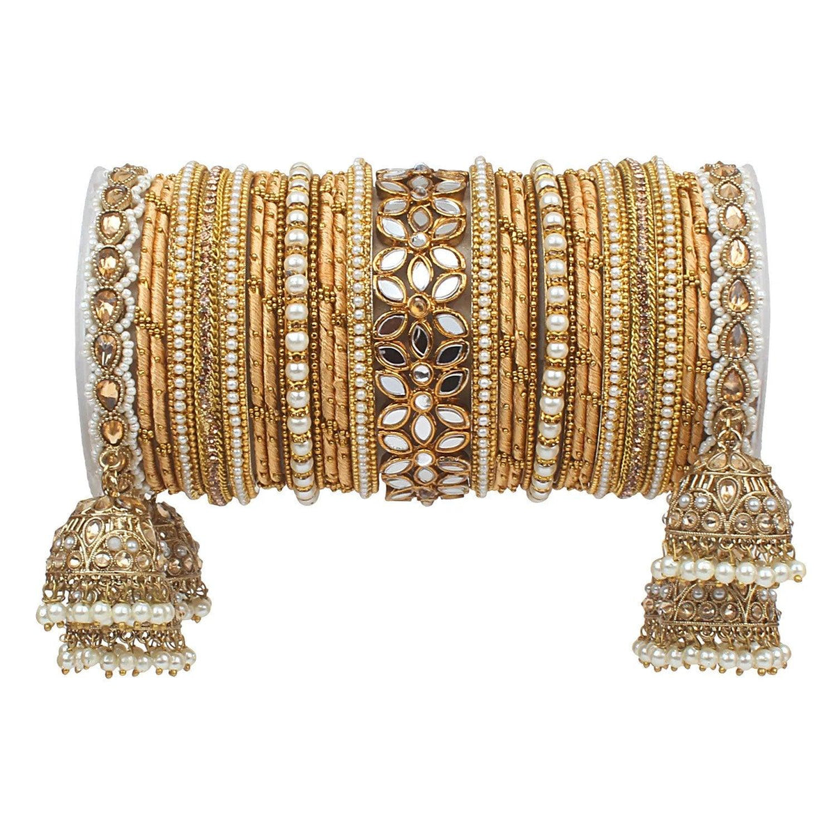 Bridal Thread Bangles Set with Golden Pearl Tassel Bangle Latkan and Mirror Kada Lightweight Jewelry Wedding Bangles, Bridesmaid Gift