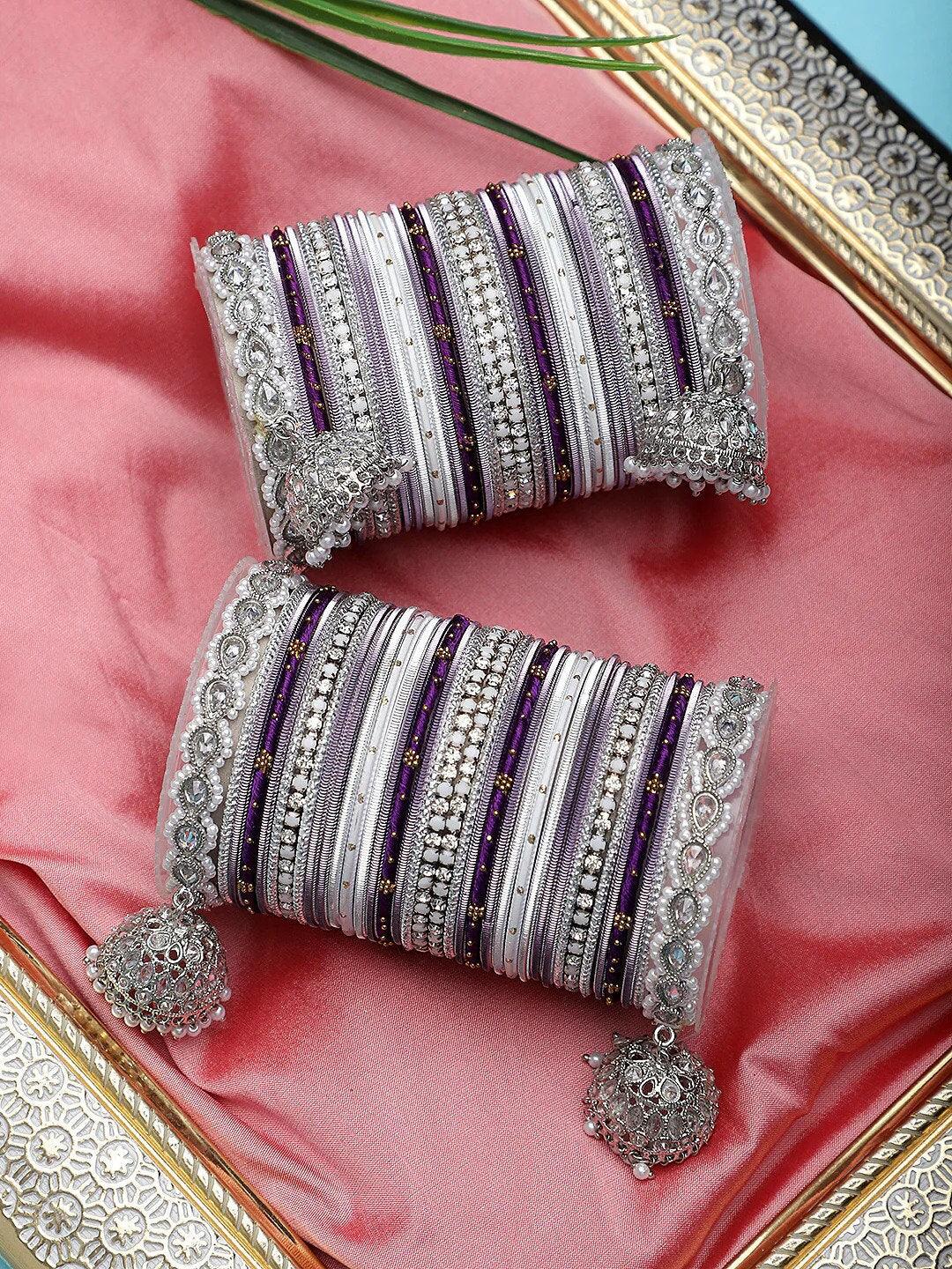 Pastel Bridal Bangle Set with Silver Kundan Jhumki, Indian wedding Tassel Bangles Set Woman Jewelry Bangle Set