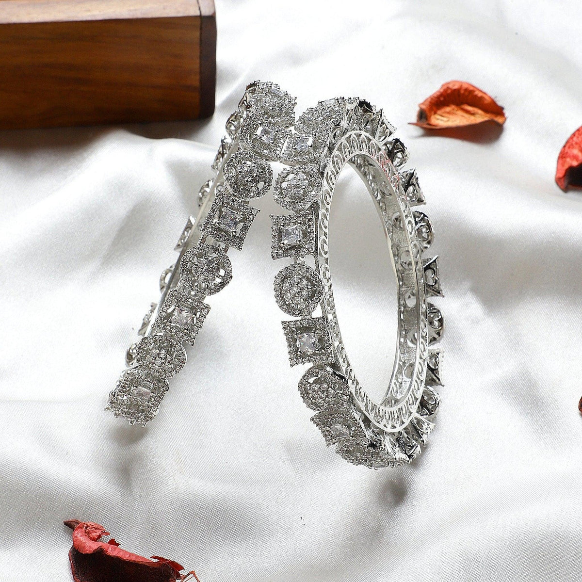 CZ/AD American Diamond Studded Silver Plated Traditional Round Solitaire Bangles Set / Indian jewelry / Indian Bangles / Wedding Bangles