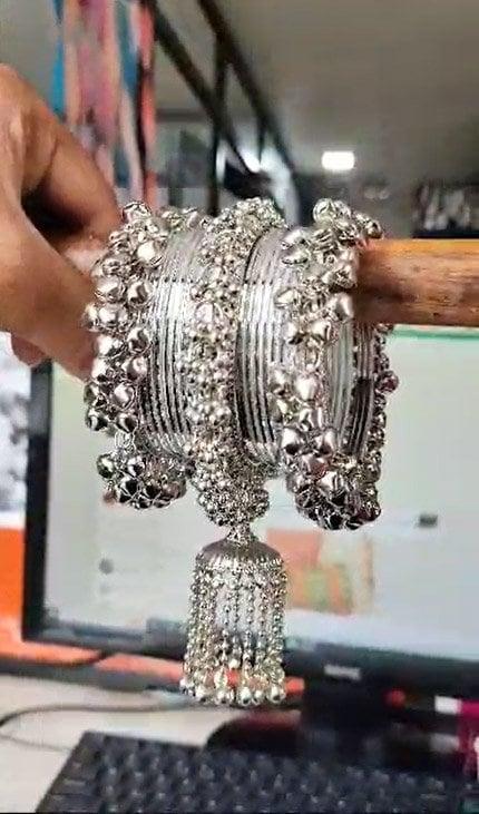 Oxidized Bangle Set With Silver Tassel Bangles, Silver Jhumki Bangles, Fashion Jewelry, Set of 2 bangles, Silver bracelet bangles