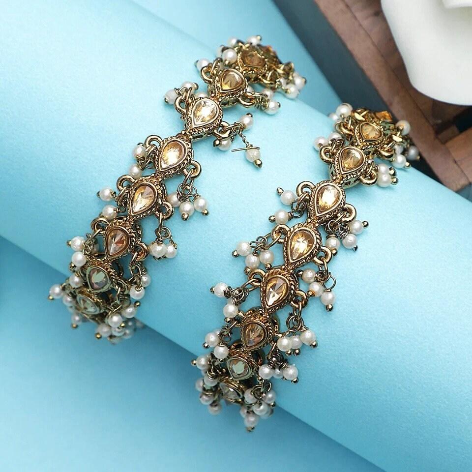 Kundan Indian Bridal Kadas, Pearl Wedding Jewelry, Statement Jewelry, Wedding Bangles, Pearl Bangles, Silver gold kadas