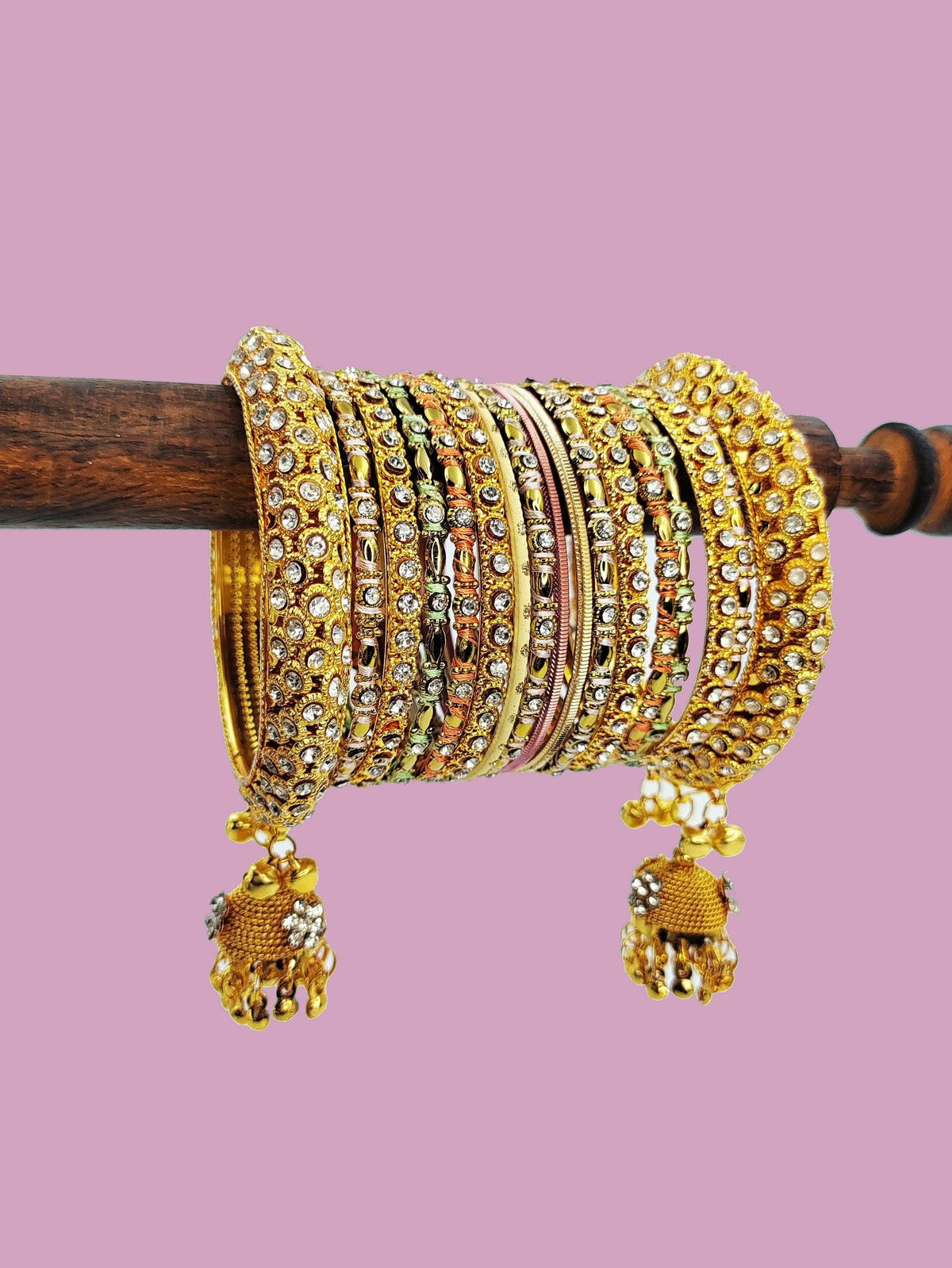 Golden Pink Shade Bridal Jhumki Bangles Set, Wedding Tassel Bangles, Colorful Beautiful Fashion Bangles, Special Festive Occasions, Eid