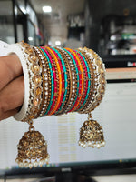 Green & Peach Bridal Bangle Set with Kundan Jhumki, Indian wedding Tassel Bangles Set Woman Jewelry Bangle Set, Wedding Bangles, Jewelry