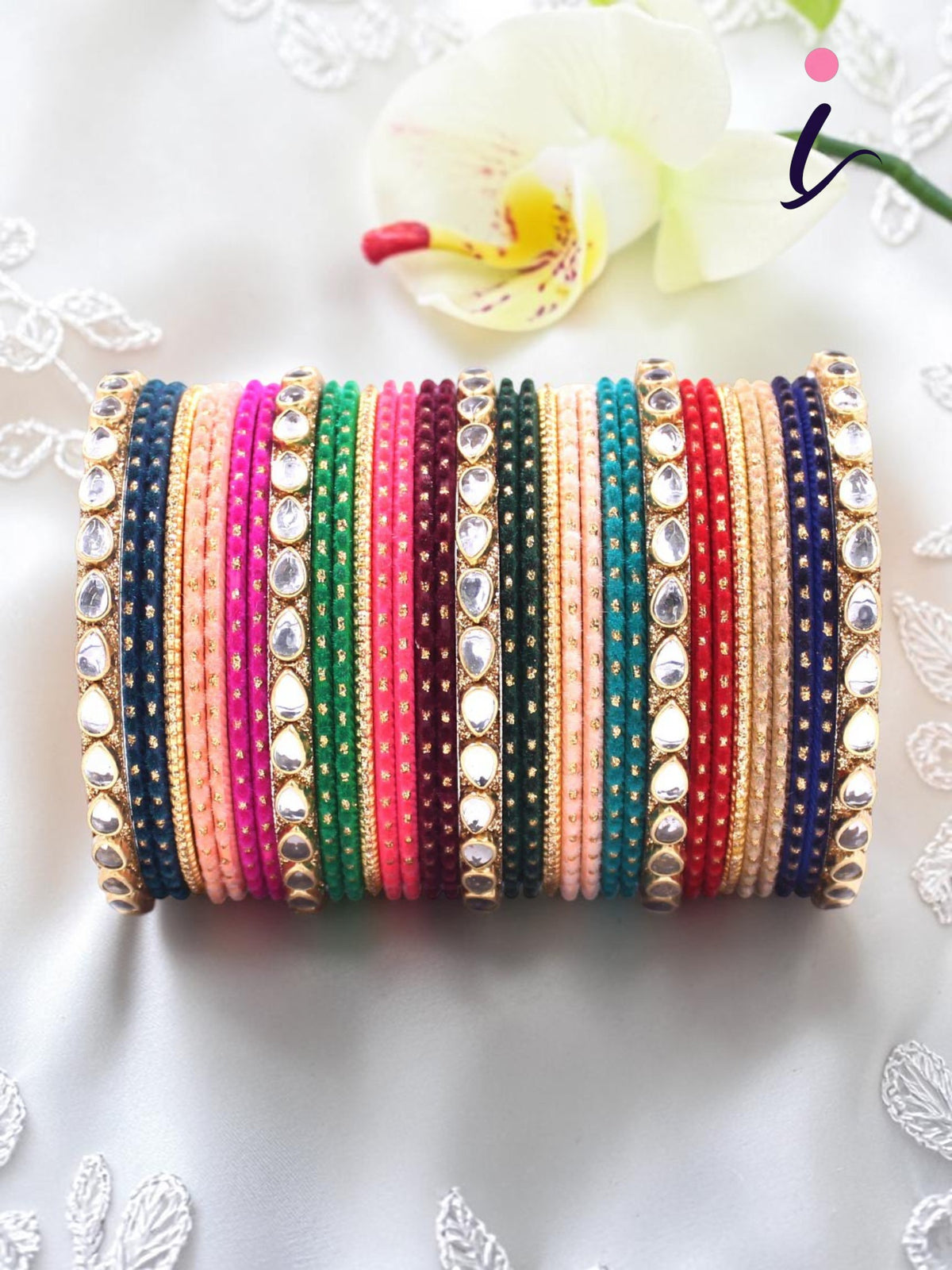 Indian Multicolour Velvet Bangle Set | 12 Stunning Colours Dotted Pattern Indian Bangles Set | Premium Indian Jewellery for Daily & Festive Wear
