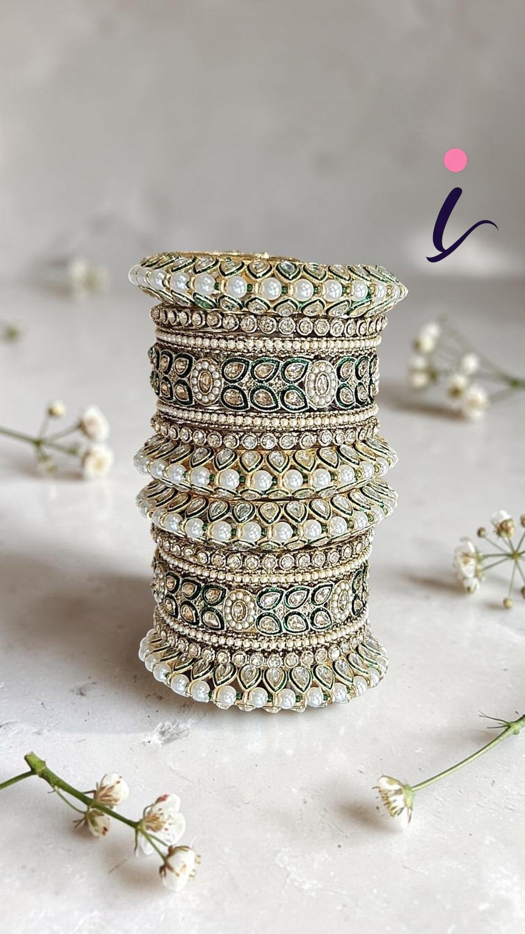 Indian Green Kundan Gold Plated Floral Design Bridal Chura Set For Wedding