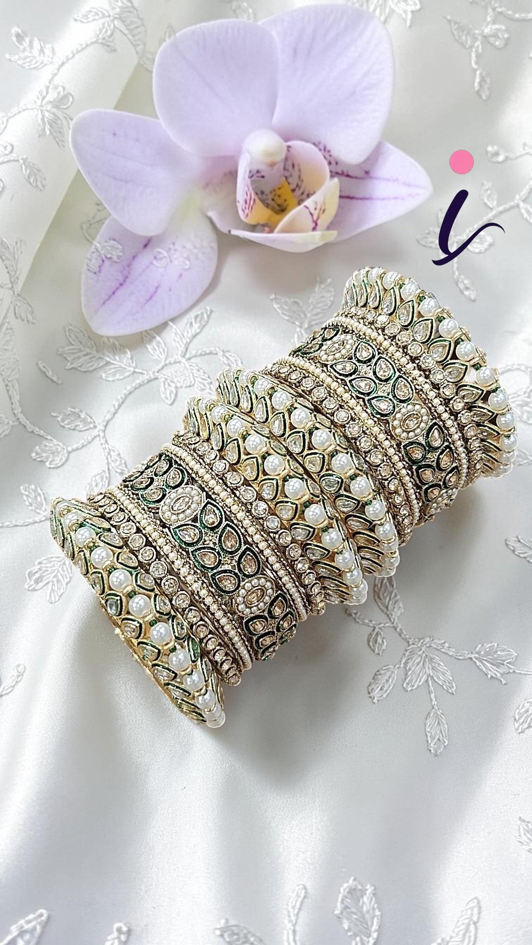 Indian Green Kundan Gold Plated Floral Design Bridal Chura Set For Wedding