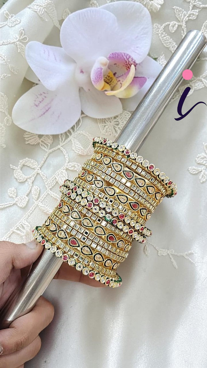 Kundan Teardrop Wedding Chura Kada Set for Women | Gold Plated Bridal Chura Bangles | Traditional Indian Wedding Jewellery