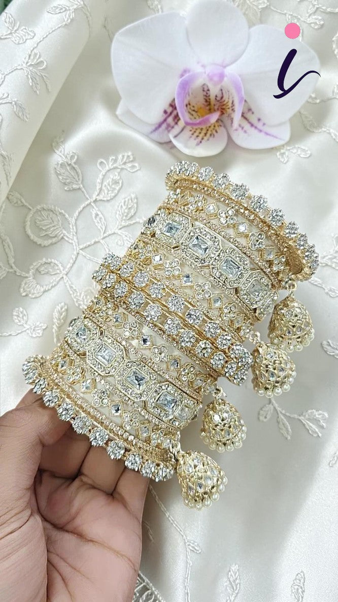 Square Style Light Golden Stone Work Bangle Jhumki With Kada Set | Pakistani Bangle Set | Pakistani Jewelry | Traditional Jewelry