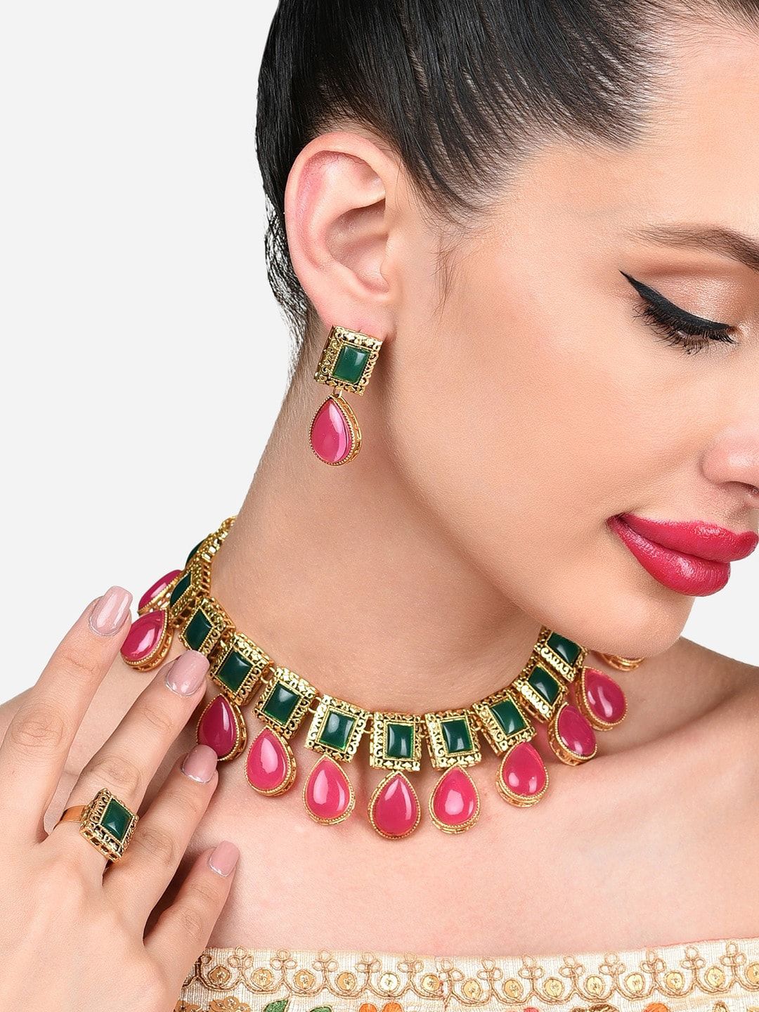 Pink and Green Antique Teardrop Necklace Earring and Ring Set