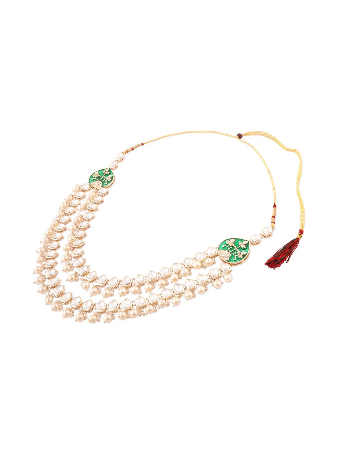 Green Meenakari Stones & Beads Layered Kundan Necklace Earring Set