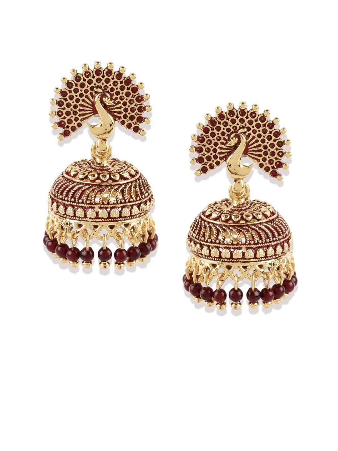 Dancing Peacock Style Maroon & Gold-Plated Enamelled Dome Shape Jhumka Jhumki Earrings for Women - Libasaa
