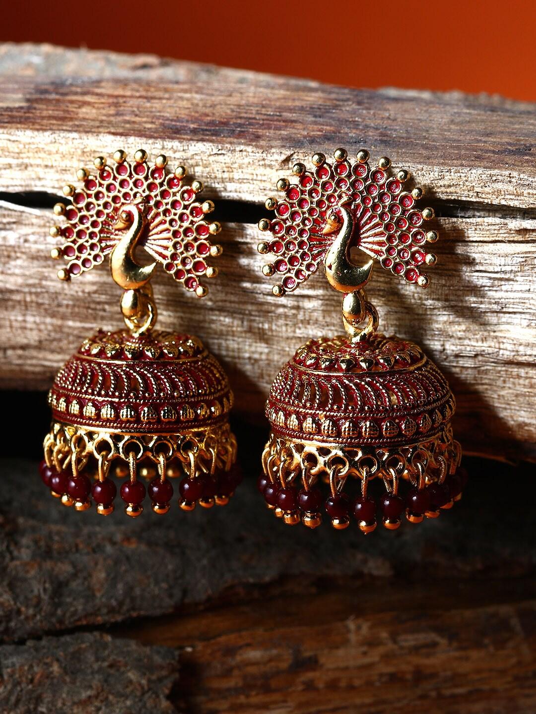 Dancing Peacock Style Maroon & Gold-Plated Enamelled Dome Shape Jhumka Jhumki Earrings for Women - Libasaa