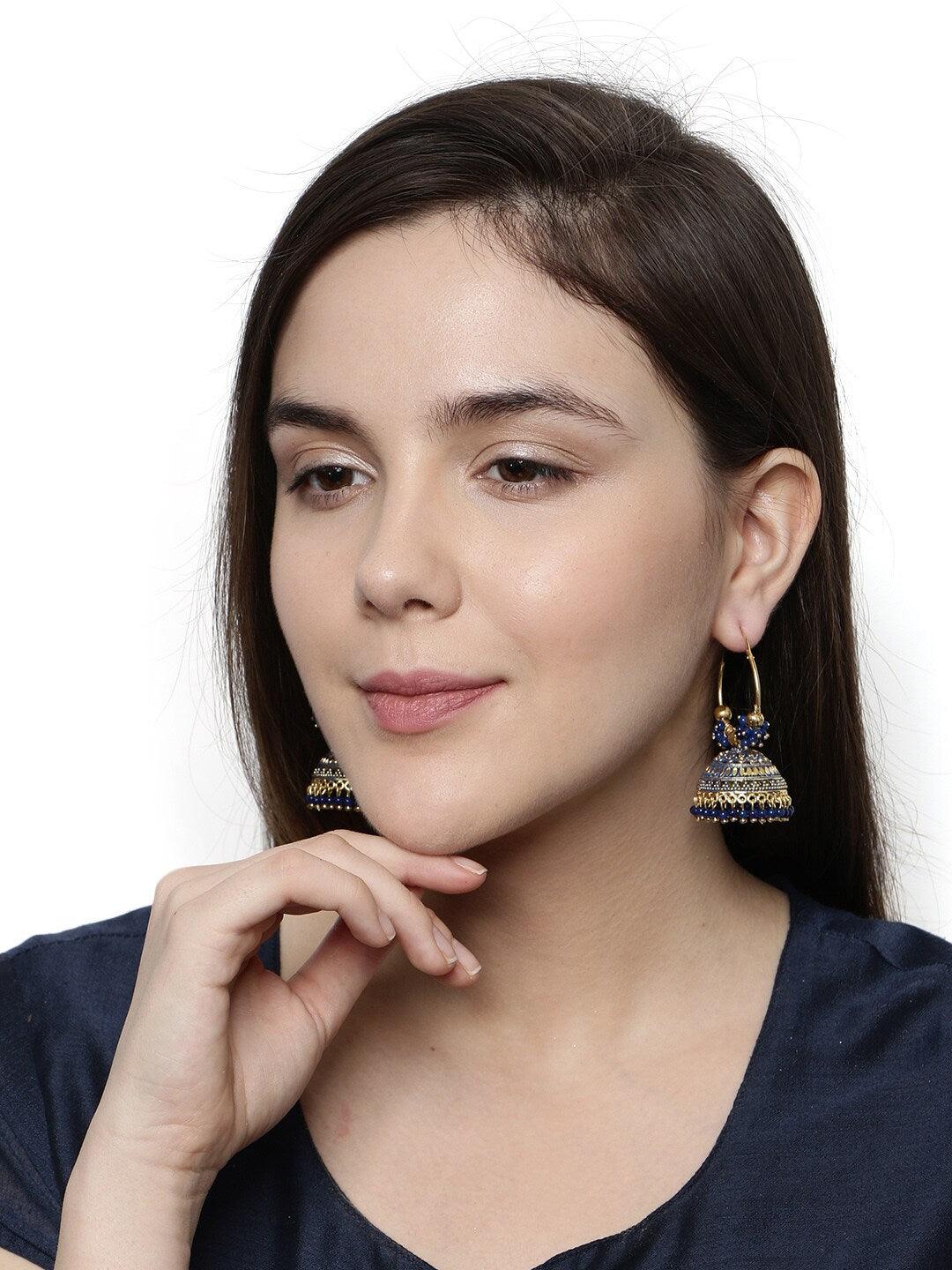Blue & Gold-Plated Alloy Oxidized Enamelled Dome Shaped Jhumkas Traditional Hoop Jhumki Earrings For Women and Girls - Libasaa