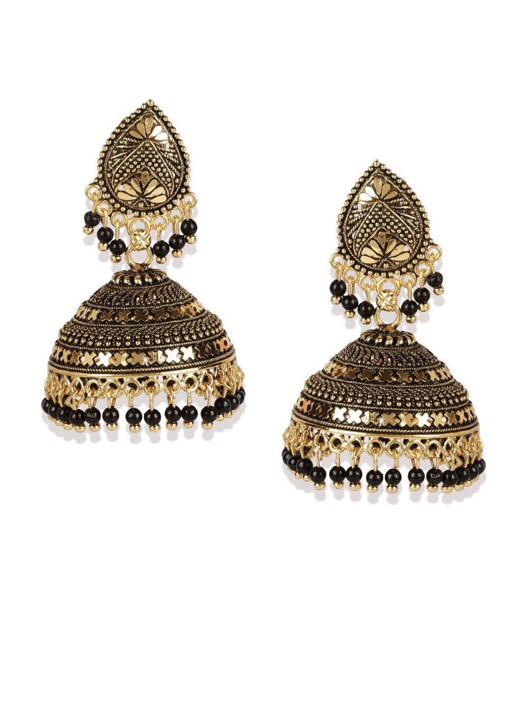 Diamond Shape Embellished Black Pearls Dome Shape Jhumka Earrings For Women and Girls - Libasaa