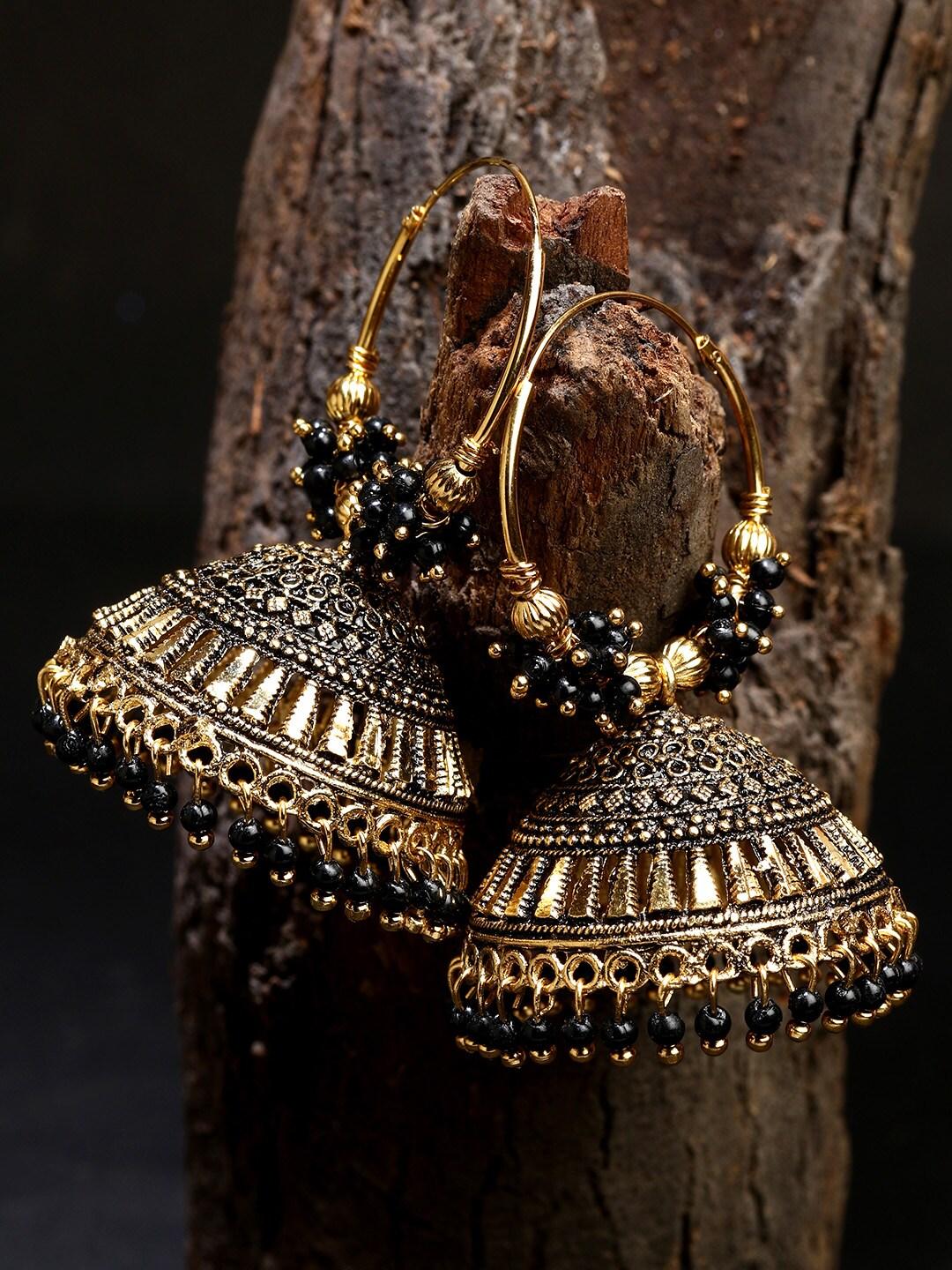 Black & Gold-Plated Circular Jhumkas Hoop Earrings For Girls & Women - Libasaa