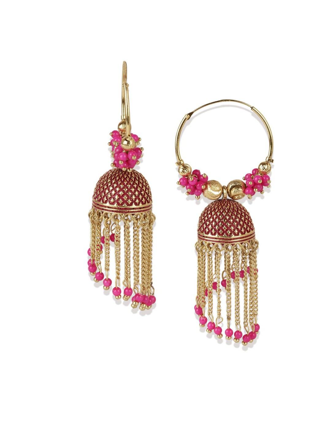 Pink Traditional Gold Plated Circular Shaped Moti Kundan Stone Meenakari Long Jhumka Jhumki Earrings for Women Girls - Libasaa