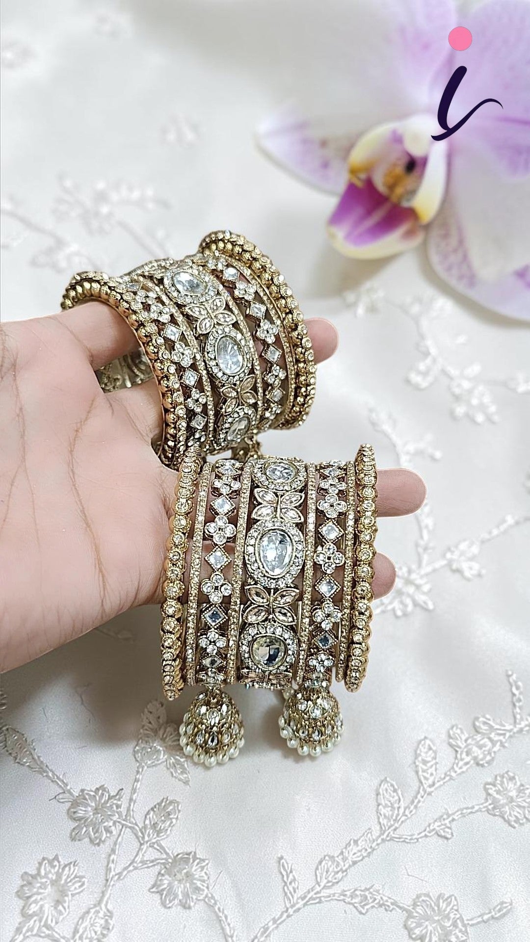 Golden Flower Design Stone Work Bangle & Jhumki Set for Women | Traditional Indian Jewellery | Ethnic Wedding, Party & Festive Wear