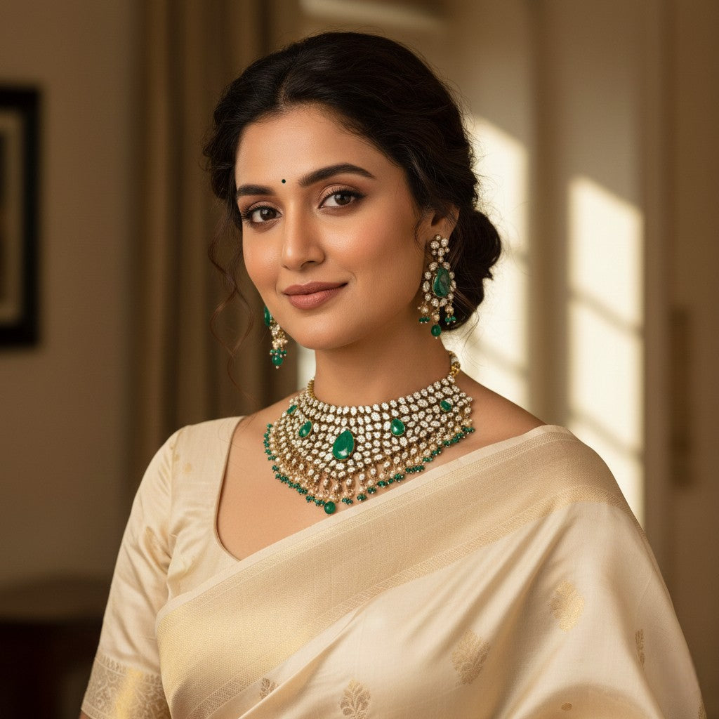 Premium Kundan Choker Necklace Set with Green Stones & Pearl Drops | Indian Kundan Jewellery with Matching Earrings