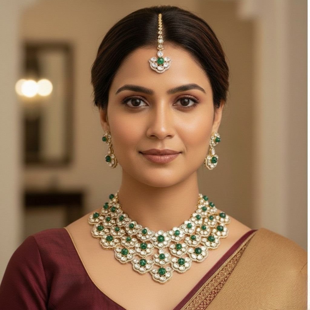 Kundan Choker Necklace Set with Green Stones | Indian Kundan Jewellery with Matching Earrings & Maang Tikka