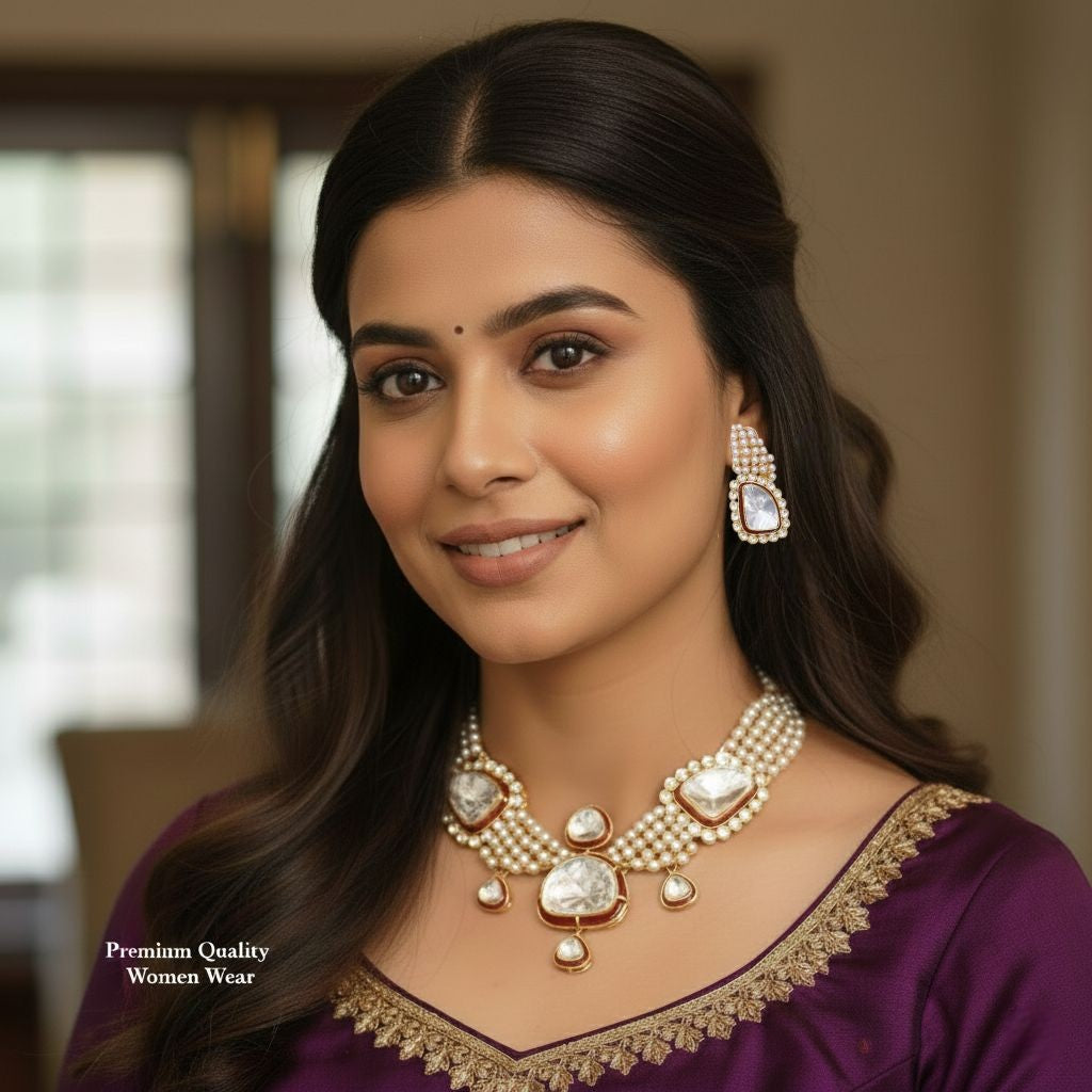 Kundan Pearl Necklace Set with Earrings | Indian Jewellery – Kundan Pearl Necklace Set