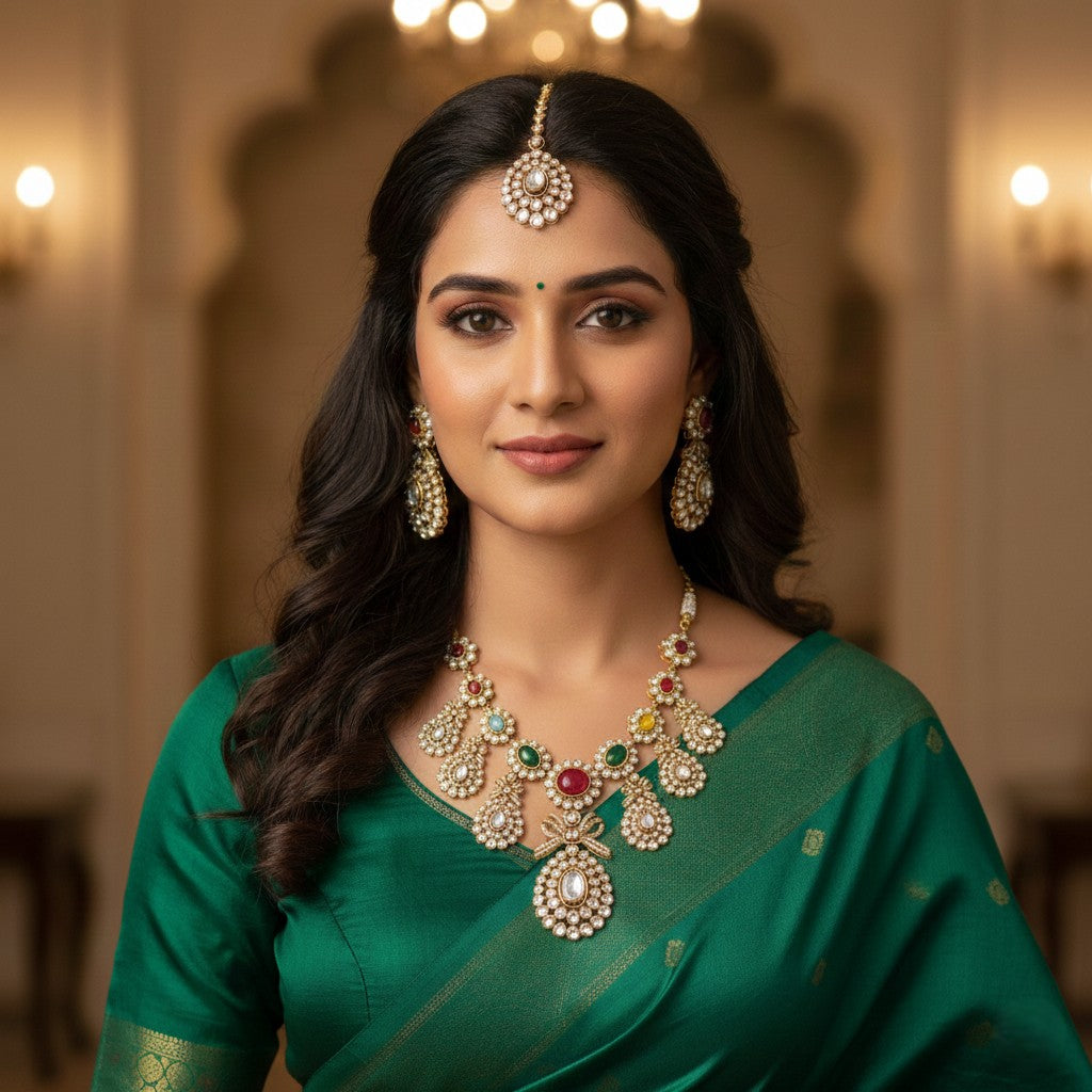 Bridal Kundan Pearl Necklace Set with Earrings & Maangtika | Traditional Indian Jewellery