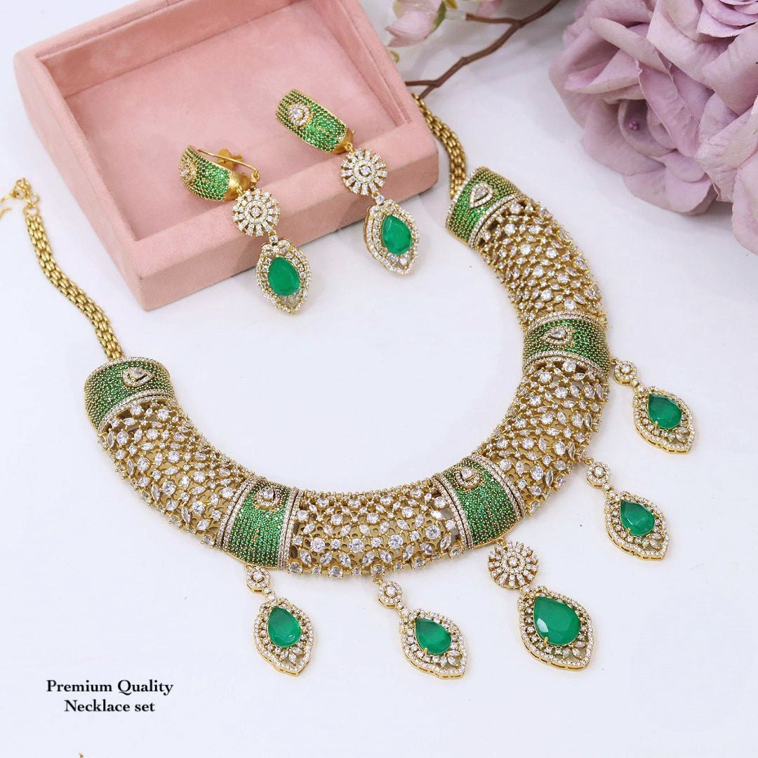 Emerald Green & Cubic Zirconia Choker Necklace Set | Gold Plated Bridal Jewelry for Weddings | Indian Ethnic Statement Necklace with Matching Earrings