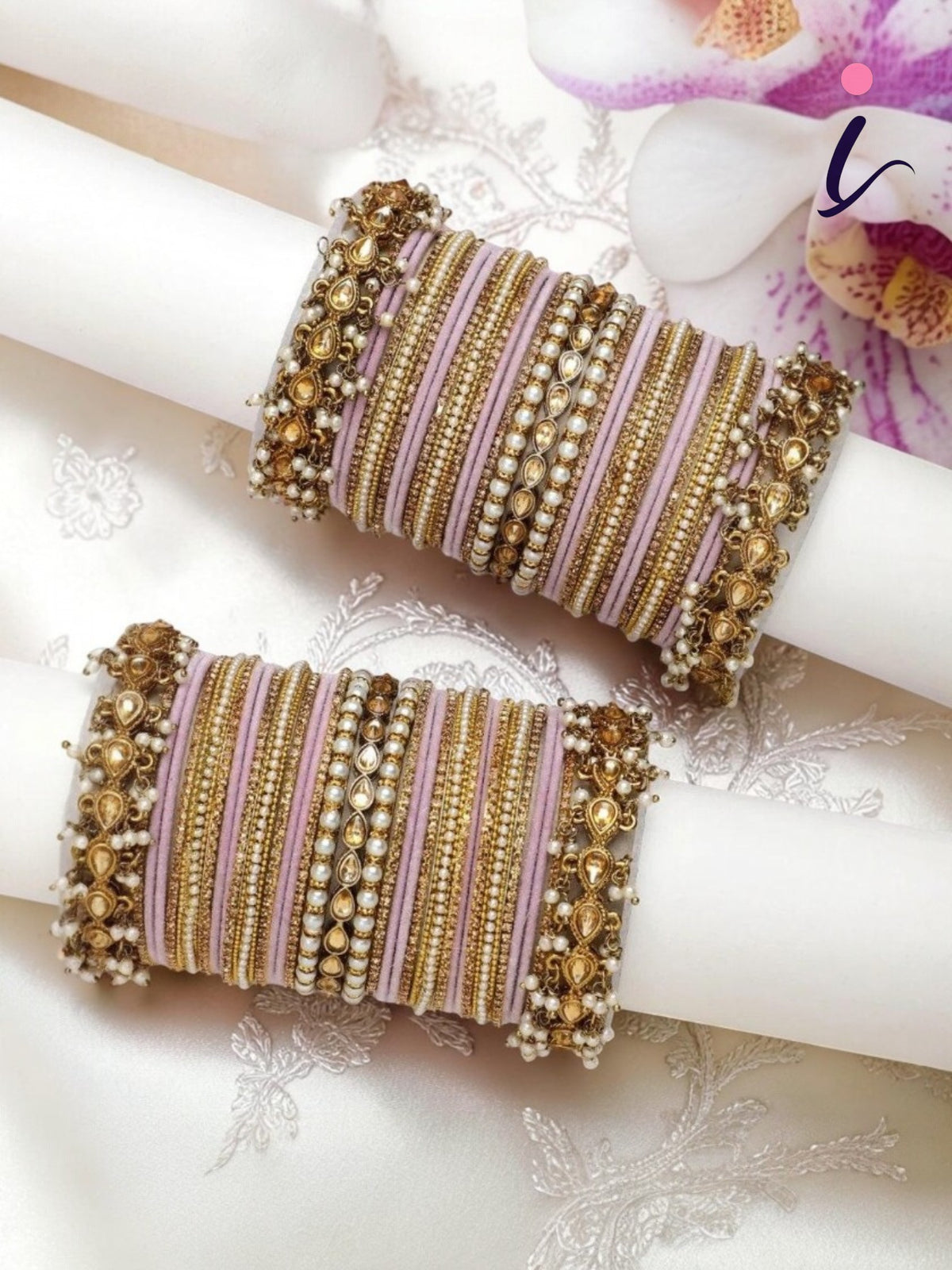 Velvet Bridal Bangles Set with Kundan Pearl Bangles, Traditional Indian Wedding Jewelry Collection for Women
