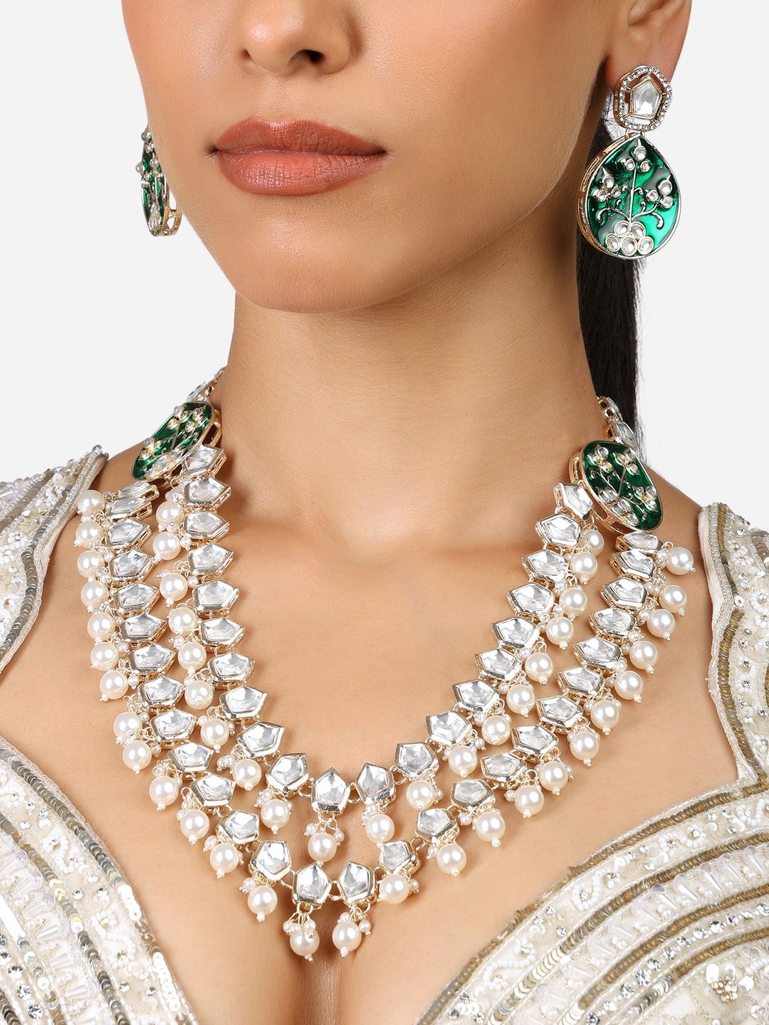 Green Meenakari Stones & Beads Layered Kundan Necklace Earring Set