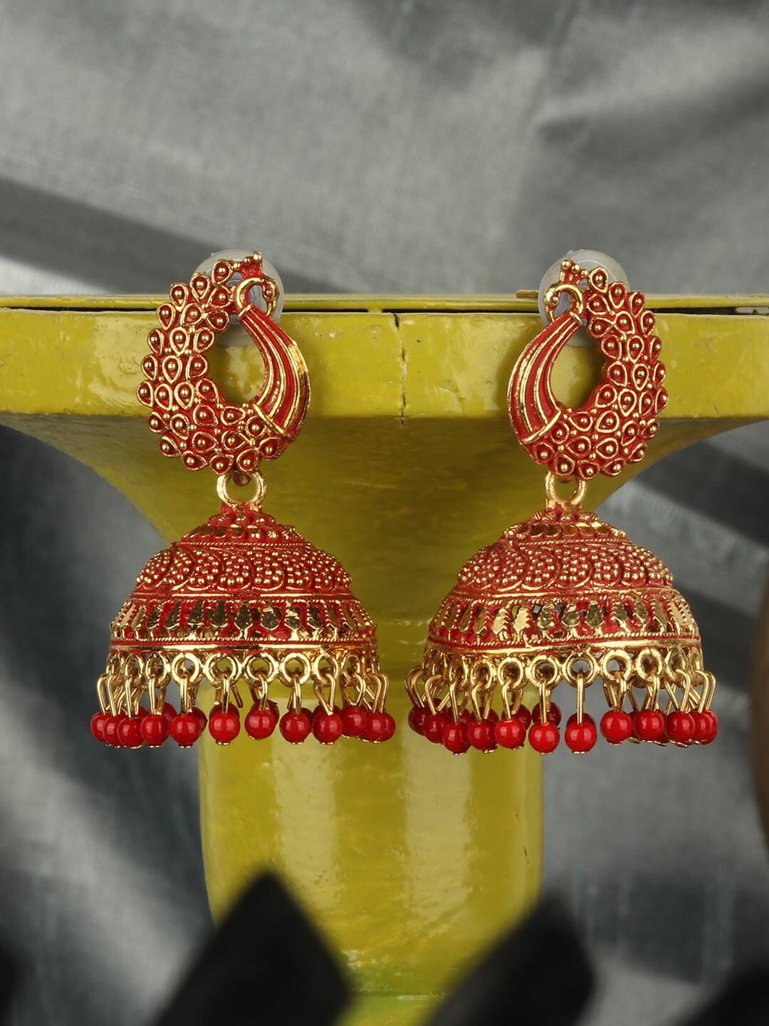 Peacock Shape Maroon Gold Plated Earring For Girls and Women - Libasaa