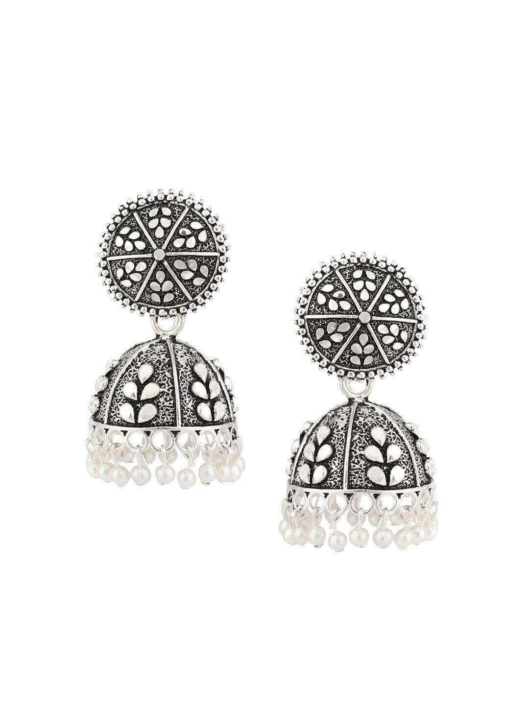 Silver White Oxidized Stud Beaded Jhumki Earrings for Girls and Women - Libasaa