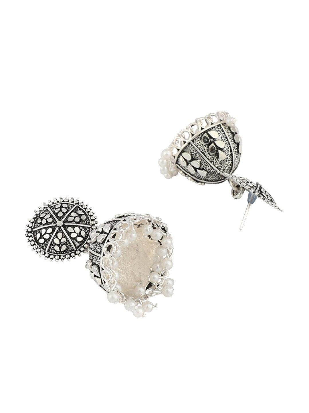 Silver White Oxidized Stud Beaded Jhumki Earrings for Girls and Women - Libasaa