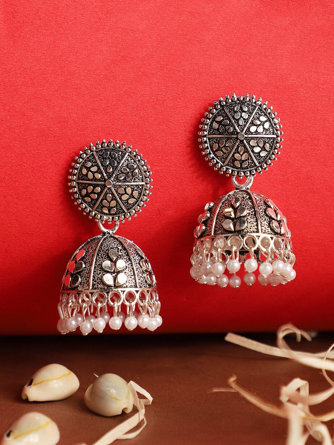 Silver White Oxidized Stud Beaded Jhumki Earrings for Girls and Women - Libasaa