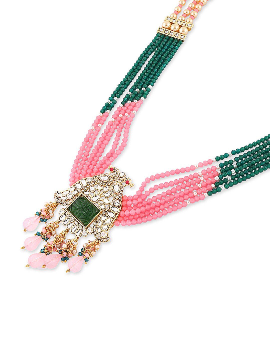 Green Pink Multistrand Peacock Kundan Necklace Earring Set