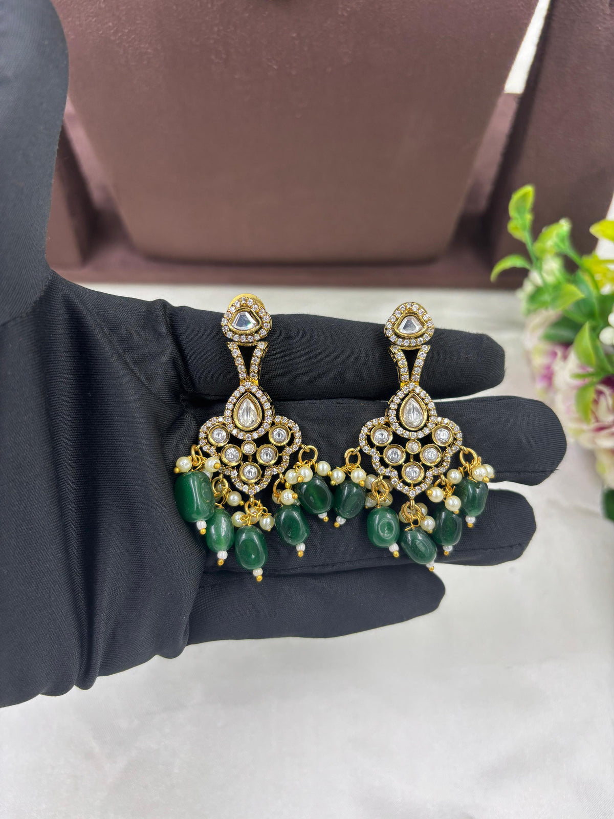 Royal Kundan Green Beads Necklace Set Bridal Jewelry with Earrings