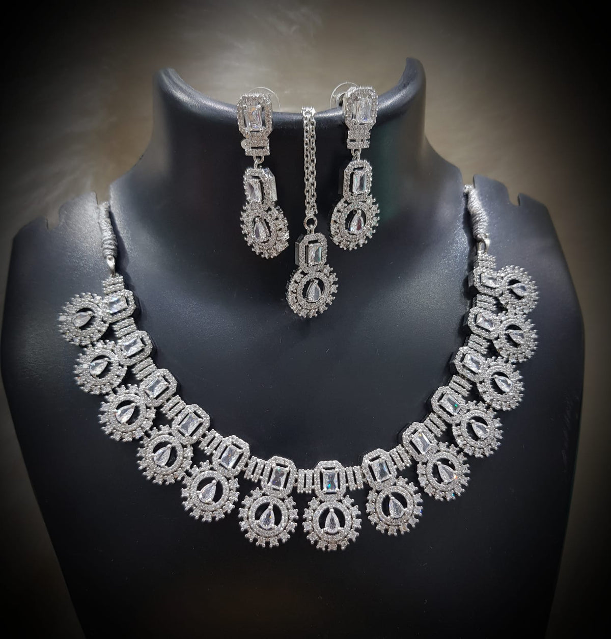 Silver-Plated Green Stone Necklace Set with Earrings | Designer Bridal & Party Wear Jewelry