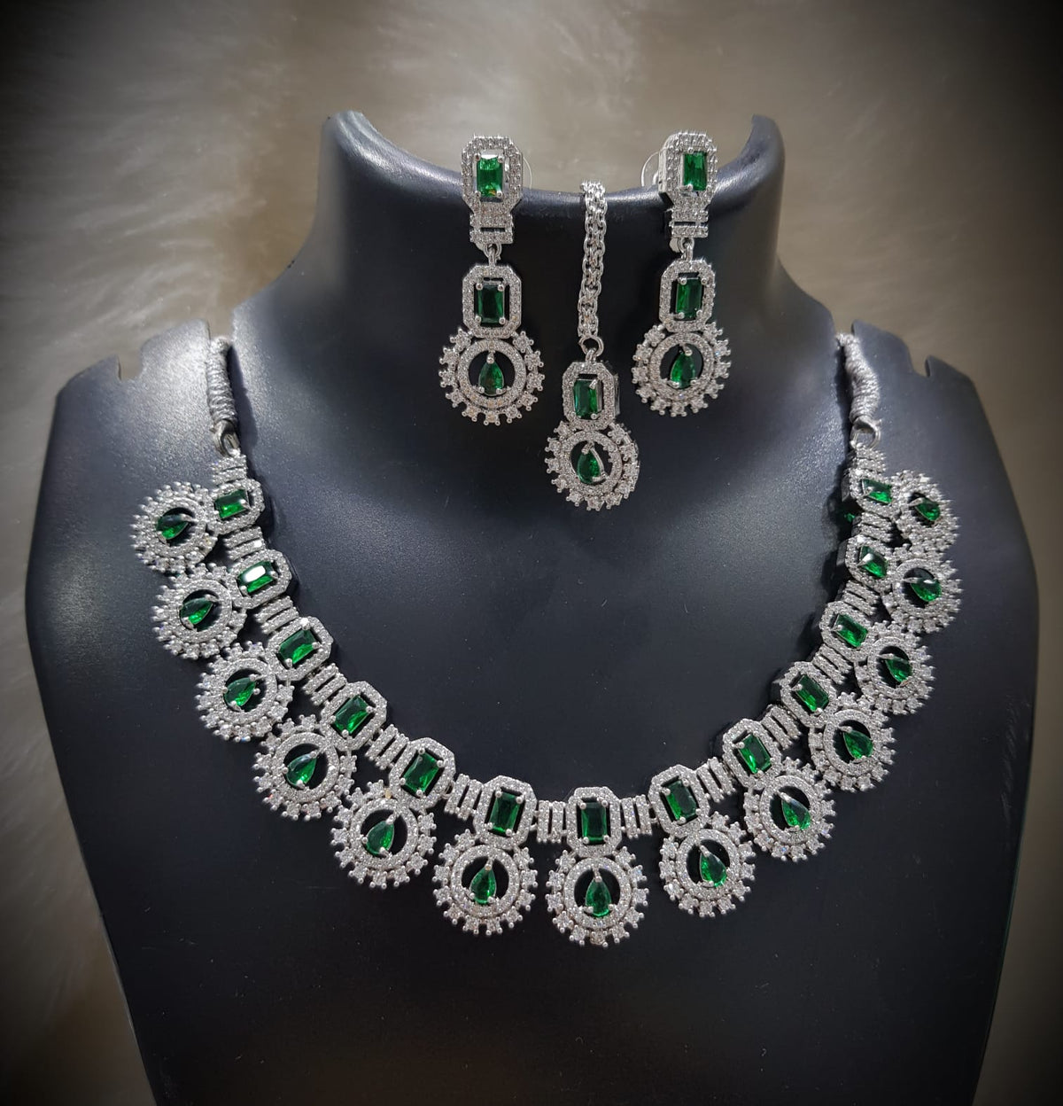 Silver-Plated Green Stone Necklace Set with Earrings | Designer Bridal & Party Wear Jewelry